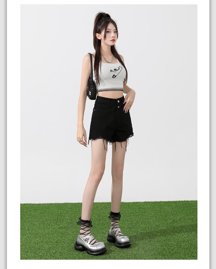 여름 새로운 데님 반바지 여성 한국 스타일 하이웨이스트 두 버클 루즈핏 찢어진 부분 핫걸 개성 한 마디 거친 가장자리 핫 바지 상세 이미지 25