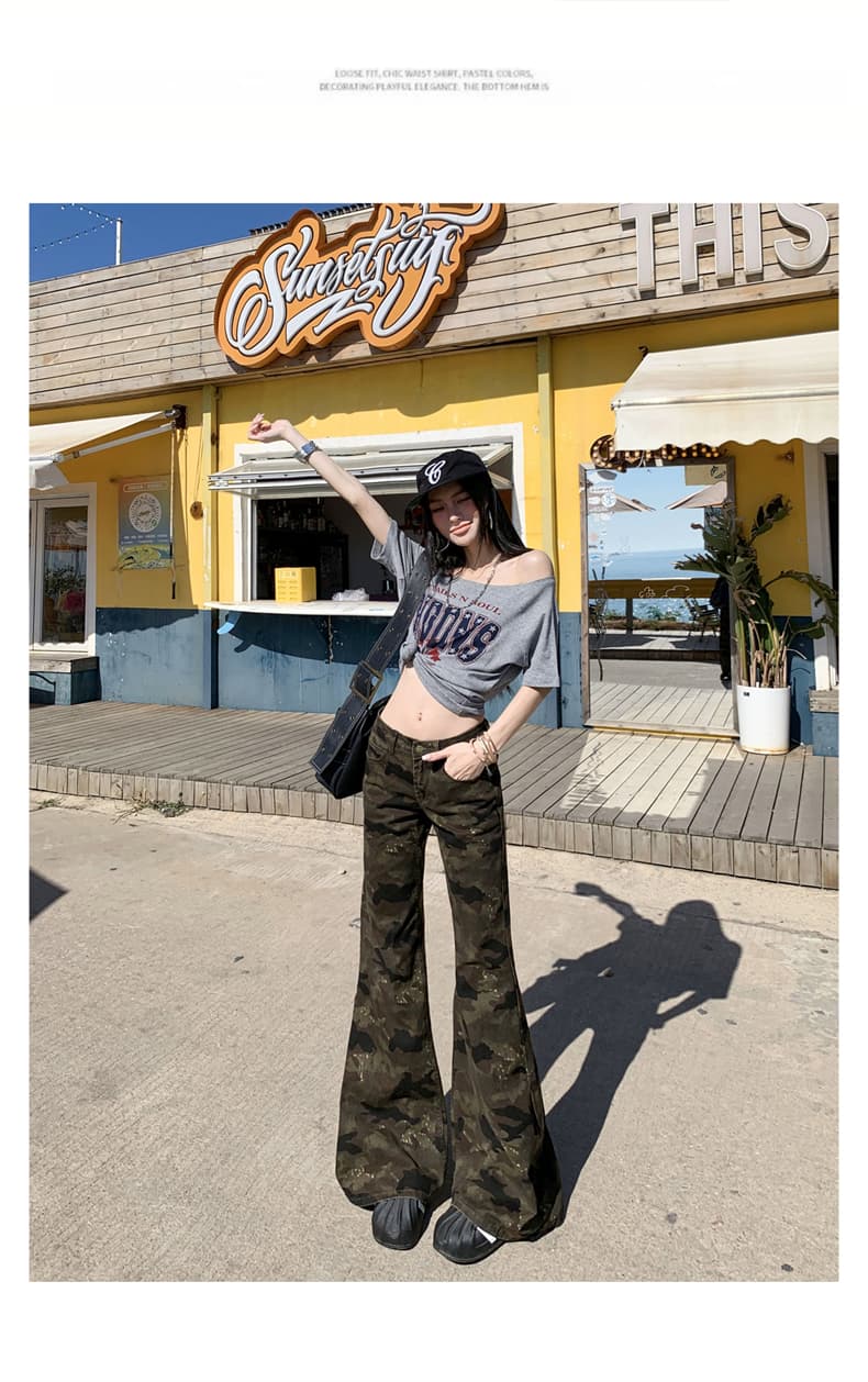 아메리칸 카모플라주 워크웨어 데님 긴 바지 여성 로우 웨이스트 아니요 막대기 다리 루즈핏 슬림해 보이는 다용도 넓은 다리 바닥 청소 나팔 바지 상세 이미지 6