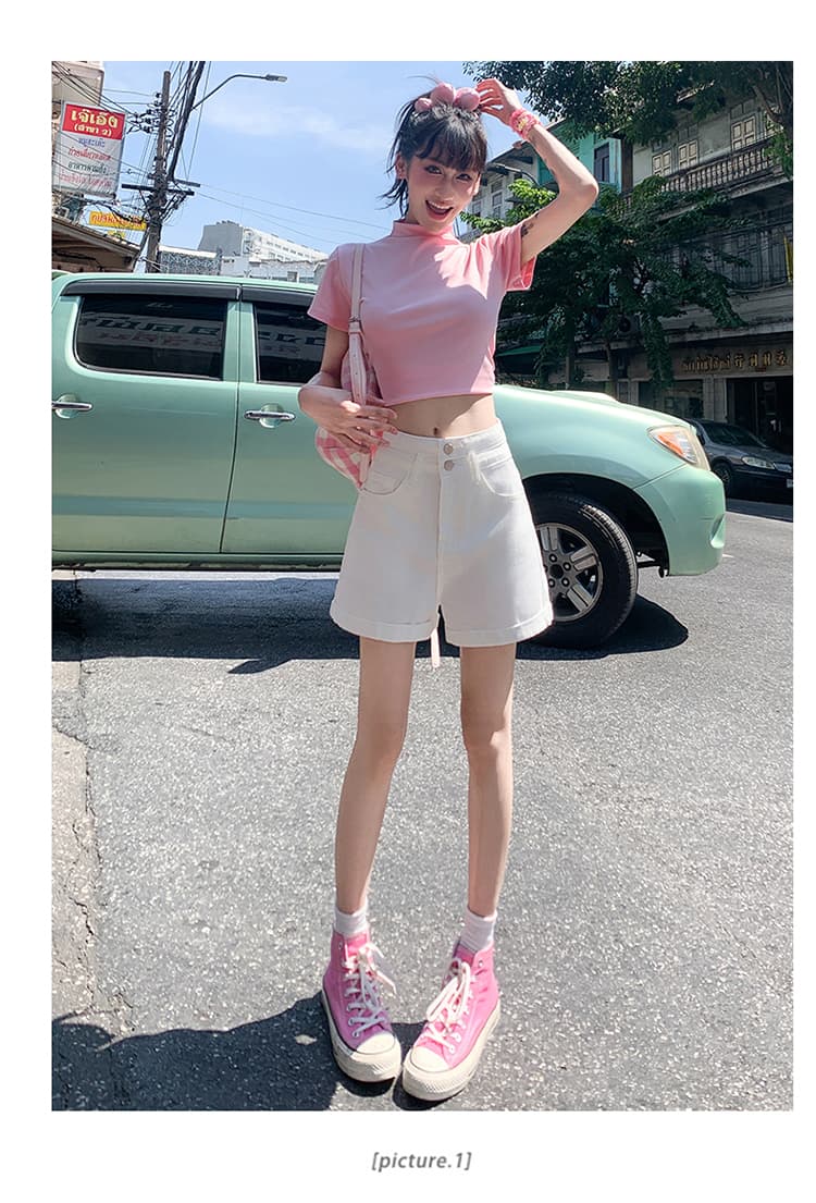 여름 볼륨 측면 데님 반바지 여성 한국 스타일 작은 키 하이웨이스트 두 버클 루즈핏 슬림해 보이는 한 마디 와이드 레그 팬츠 핫 바지 상세 이미지 17