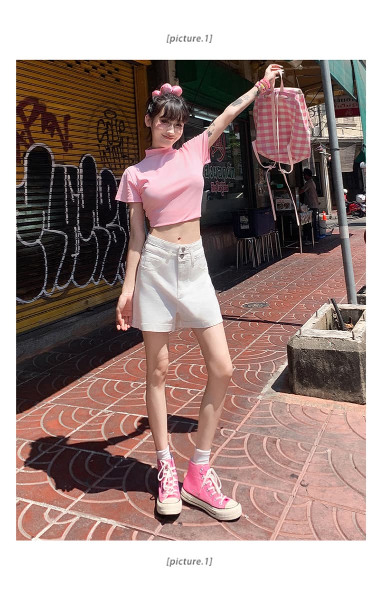 여름 볼륨 측면 데님 반바지 여성 한국 스타일 작은 키 하이웨이스트 두 버클 루즈핏 슬림해 보이는 한 마디 와이드 레그 팬츠 핫 바지 상세 이미지 22