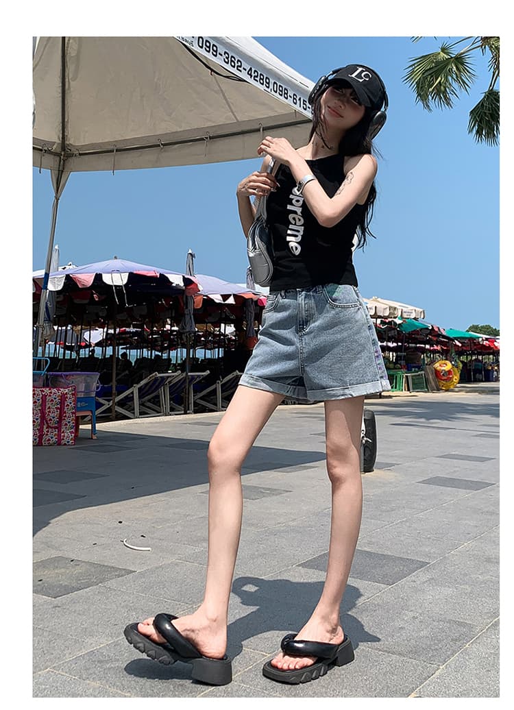 여름 볼륨 측면 데님 반바지 여성 한국 스타일 작은 키 하이웨이스트 두 버클 루즈핏 슬림해 보이는 한 마디 와이드 레그 팬츠 핫 바지 상세 이미지 23
