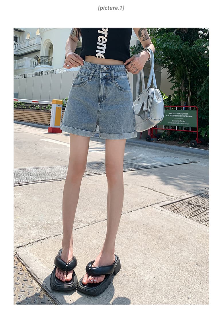 여름 볼륨 측면 데님 반바지 여성 한국 스타일 작은 키 하이웨이스트 두 버클 루즈핏 슬림해 보이는 한 마디 와이드 레그 팬츠 핫 바지 상세 이미지 24