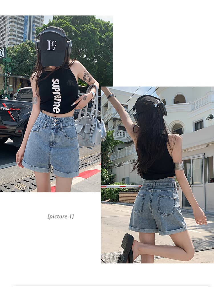 여름 볼륨 측면 데님 반바지 여성 한국 스타일 작은 키 하이웨이스트 두 버클 루즈핏 슬림해 보이는 한 마디 와이드 레그 팬츠 핫 바지 상세 이미지 26