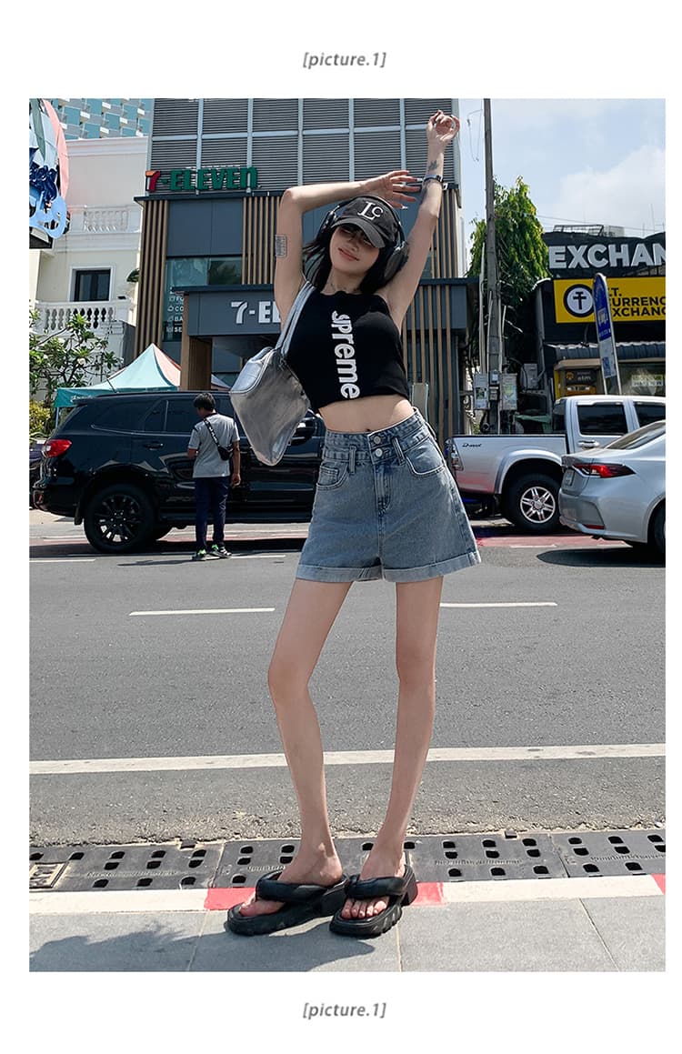여름 볼륨 측면 데님 반바지 여성 한국 스타일 작은 키 하이웨이스트 두 버클 루즈핏 슬림해 보이는 한 마디 와이드 레그 팬츠 핫 바지 상세 이미지 28