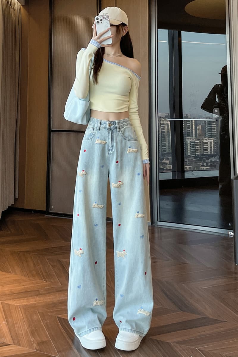 소시지 강아지 자수 데님 긴 바지 여성 가을 새로운 한국 스타일 하이웨이스트 루즈핏 슬림해 보이는 스트레이트 넓은 다리 바닥 청소 바지 이미지 7