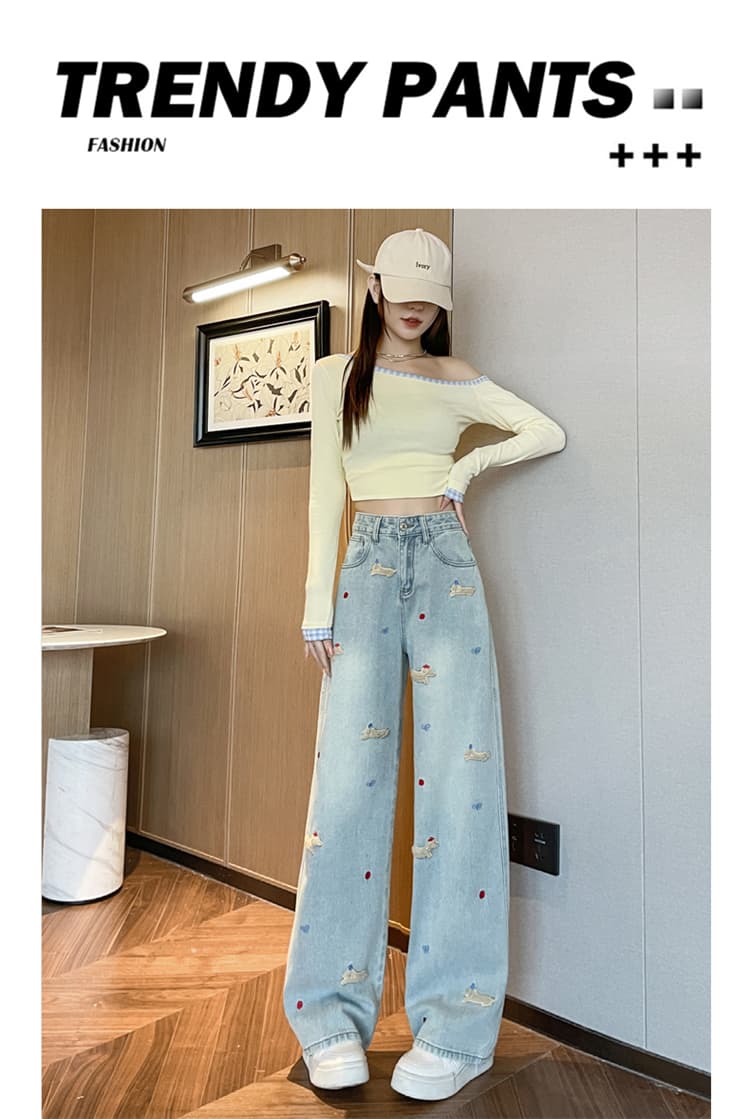 소시지 강아지 자수 데님 긴 바지 여성 가을 새로운 한국 스타일 하이웨이스트 루즈핏 슬림해 보이는 스트레이트 넓은 다리 바닥 청소 바지 상세 이미지 1