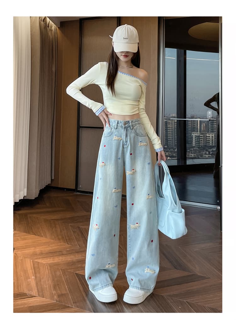 소시지 강아지 자수 데님 긴 바지 여성 가을 새로운 한국 스타일 하이웨이스트 루즈핏 슬림해 보이는 스트레이트 넓은 다리 바닥 청소 바지 상세 이미지 13