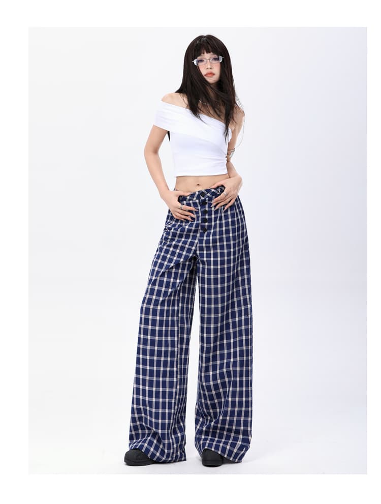 인터넷 유명인 캐주얼 체크무늬 바지 여성 이른 가을 새로운 아메리칸 하이웨이스트 싱글 줄 버튼 루즈핏 슬림해 보이는 느긋한 스트레이트 와이드 레그 팬츠 상세 이미지 11