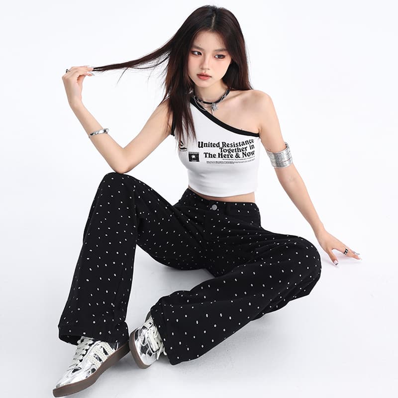 꽃무늬 도트 무늬 데님 긴 바지 여성 가을 새로운 한국 스타일 하이웨이스트 루즈핏 슬림해 보이는 도루 센스 스트레이트 넓은 다리 바닥 청소 바지 이미지 3