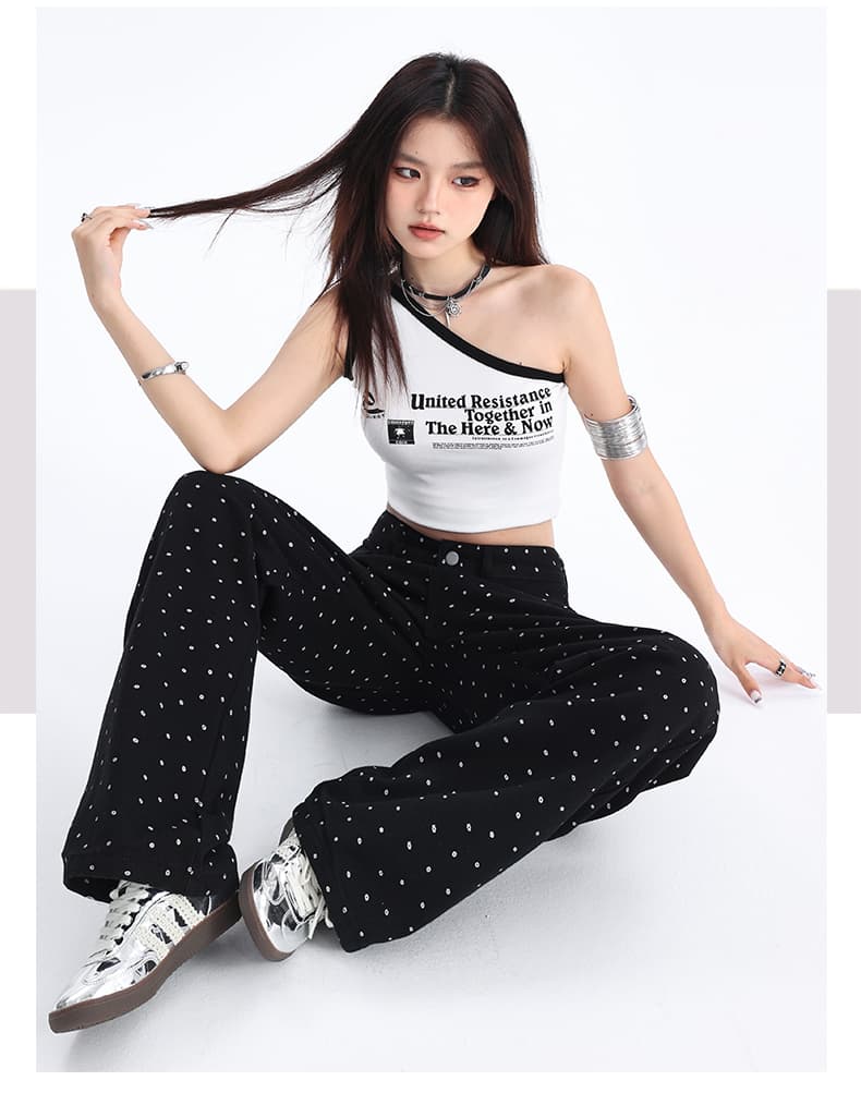 꽃무늬 도트 무늬 데님 긴 바지 여성 가을 새로운 한국 스타일 하이웨이스트 루즈핏 슬림해 보이는 도루 센스 스트레이트 넓은 다리 바닥 청소 바지 상세 이미지 13