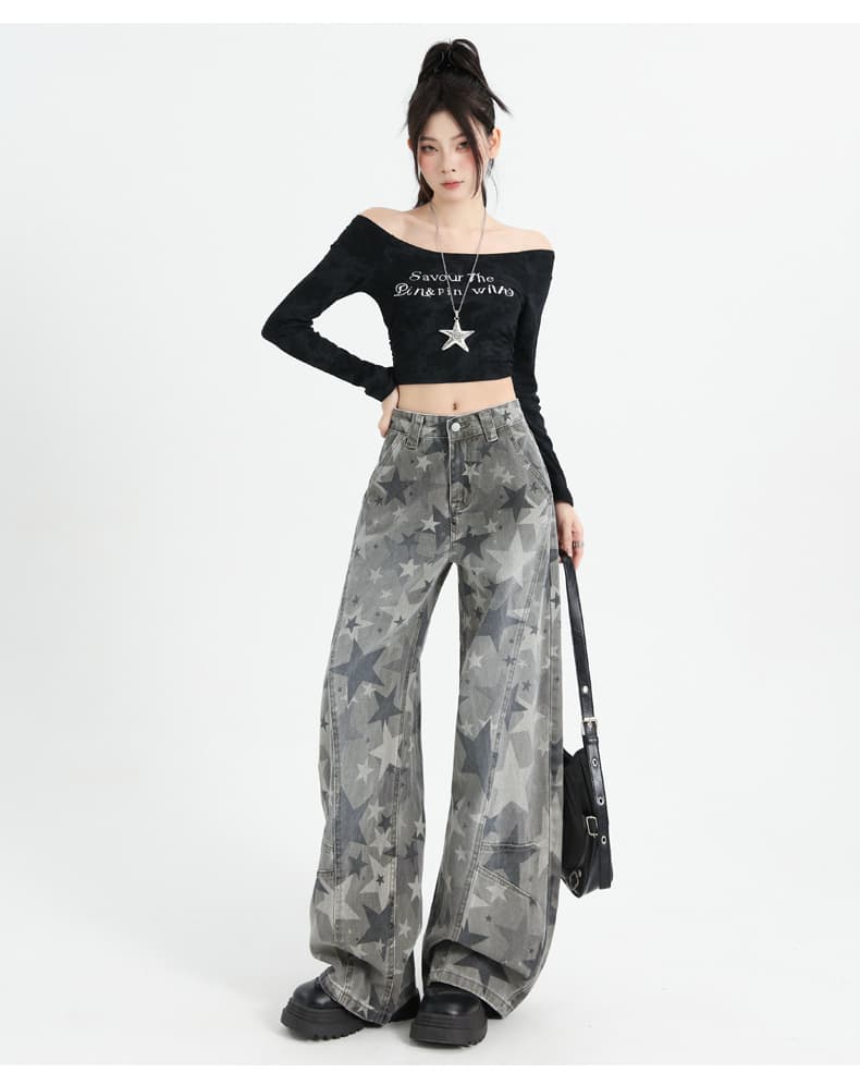 아메리칸 레트로 별 전체 인쇄 청바지 여성 불모지 바람 하이웨이스트 루즈핏 슬림해 보이는 카모플라주 넓은 다리 길이 바지 바닥 청소 바지 상세 이미지 14