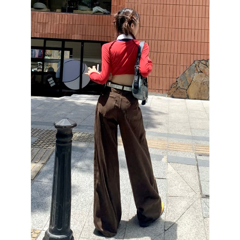 브라운 데님 긴 바지 여성 가을 새로운 하이웨이스트 주름 디자인 센스 루즈핏 슬림해 보이는 도루 센스 넓은 다리 바닥 청소 바지 이미지 3