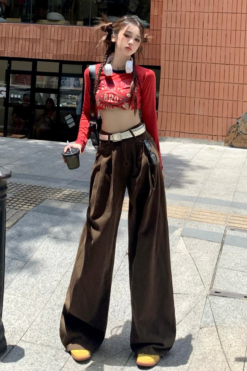 브라운 데님 긴 바지 여성 가을 새로운 하이웨이스트 주름 디자인 센스 루즈핏 슬림해 보이는 도루 센스 넓은 다리 바닥 청소 바지 이미지 6