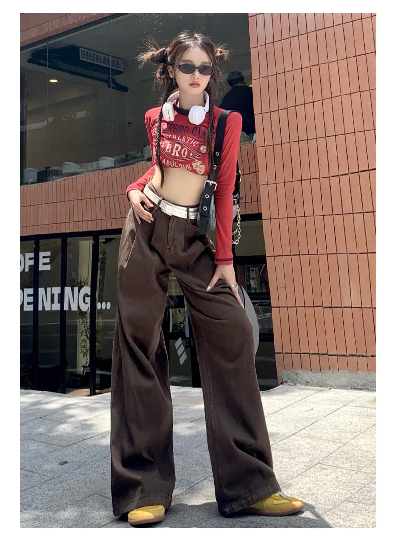 브라운 데님 긴 바지 여성 가을 새로운 하이웨이스트 주름 디자인 센스 루즈핏 슬림해 보이는 도루 센스 넓은 다리 바닥 청소 바지 상세 이미지 10