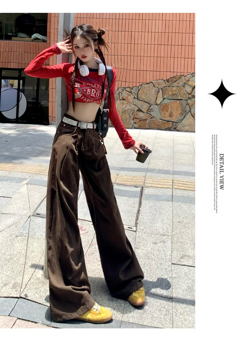 브라운 데님 긴 바지 여성 가을 새로운 하이웨이스트 주름 디자인 센스 루즈핏 슬림해 보이는 도루 센스 넓은 다리 바닥 청소 바지 상세 이미지 12