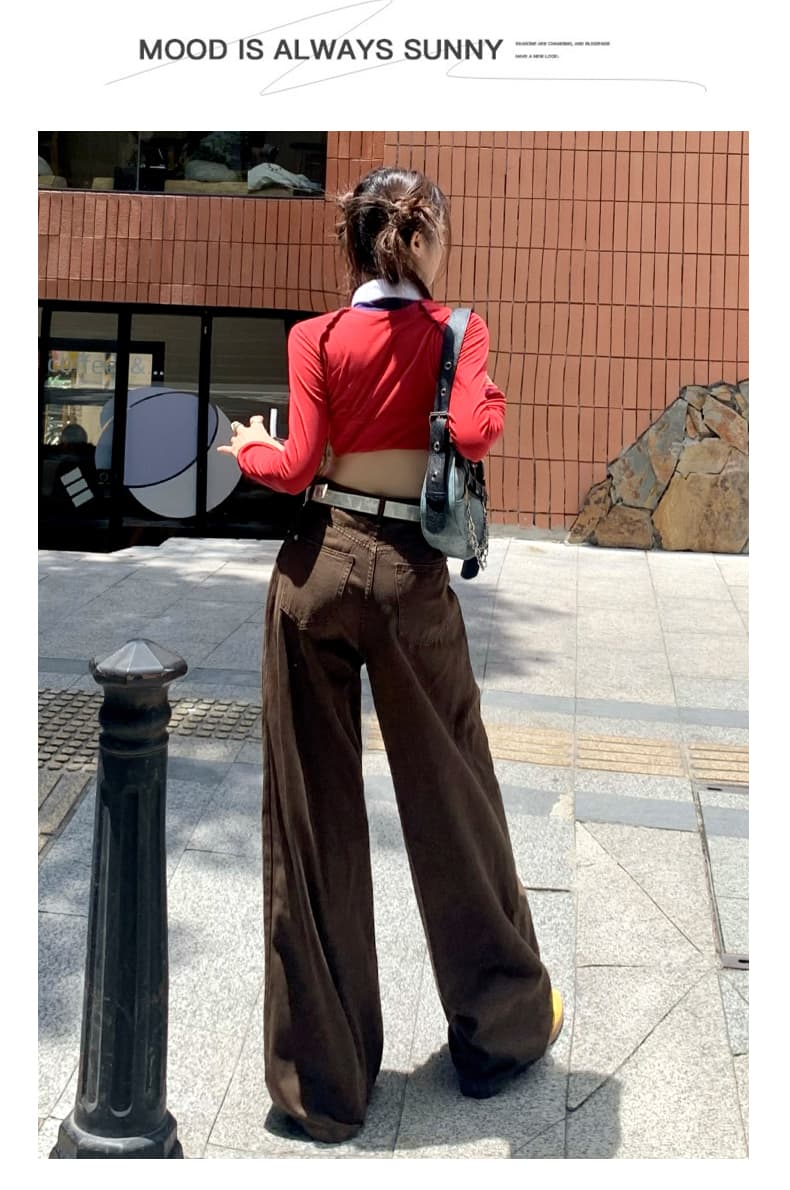 브라운 데님 긴 바지 여성 가을 새로운 하이웨이스트 주름 디자인 센스 루즈핏 슬림해 보이는 도루 센스 넓은 다리 바닥 청소 바지 상세 이미지 16