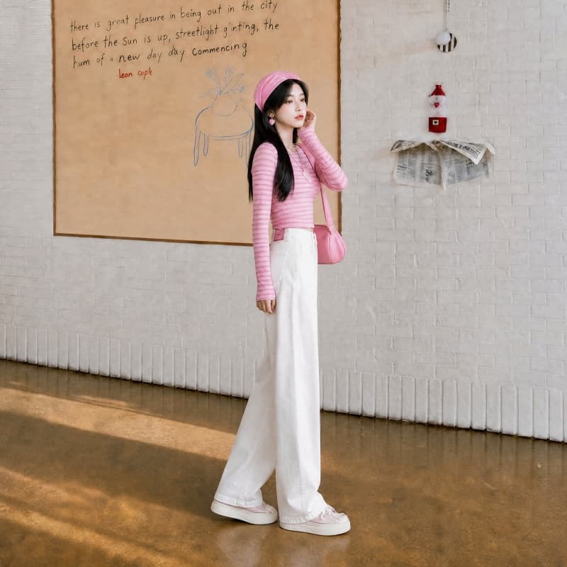 화이트 데님 긴 바지 여성 가을 새로운 한국 스타일 하이웨이스트 루즈핏 슬림해 보이는 도루 센스 캐주얼 다용도 넓은 다리 바닥 청소 바지 이미지 5