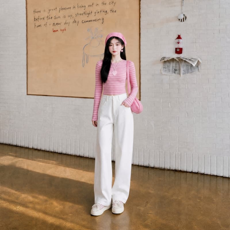 화이트 데님 긴 바지 여성 가을 새로운 한국 스타일 하이웨이스트 루즈핏 슬림해 보이는 도루 센스 캐주얼 다용도 넓은 다리 바닥 청소 바지 이미지 4