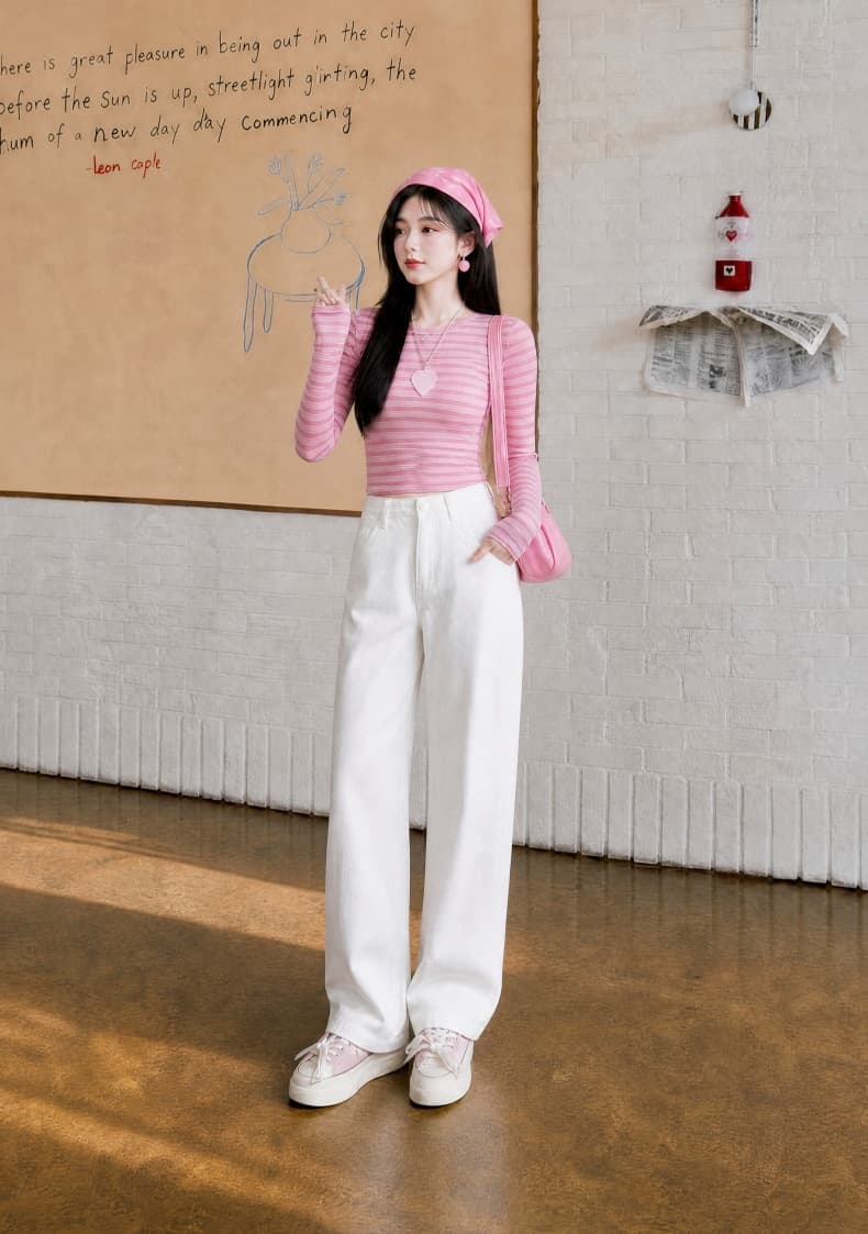 화이트 데님 긴 바지 여성 가을 새로운 한국 스타일 하이웨이스트 루즈핏 슬림해 보이는 도루 센스 캐주얼 다용도 넓은 다리 바닥 청소 바지 상세 이미지 13