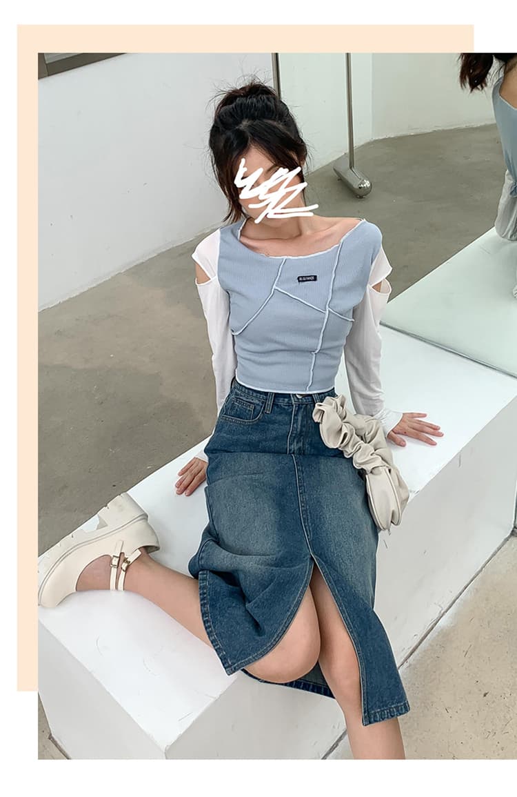 레트로 데님 반신 스커트 여성 가을 새로운 한국 스타일 하이웨이스트 루즈핏 슬림해 보이는 트임 한 마디 타이트 스커트 중간 길이 치마 상세 이미지 21