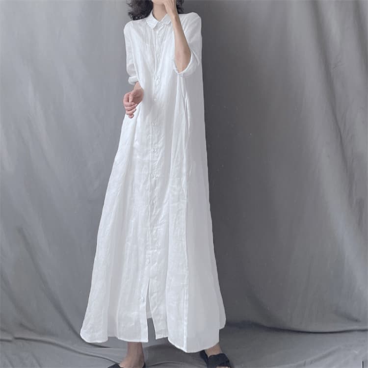 문예 루즈핏 라미 롱 코트 셔츠 드레스 폴로 칼라 루즈핏 우아한 투명한 드레스 가을 새로운 상세 이미지 2