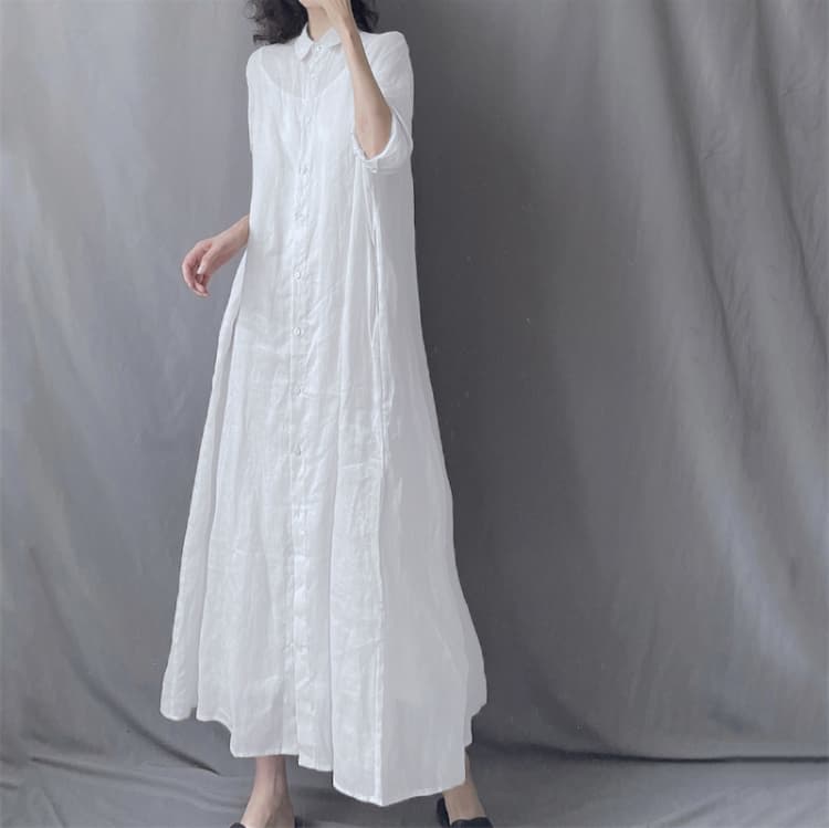 문예 루즈핏 라미 롱 코트 셔츠 드레스 폴로 칼라 루즈핏 우아한 투명한 드레스 가을 새로운 상세 이미지 5