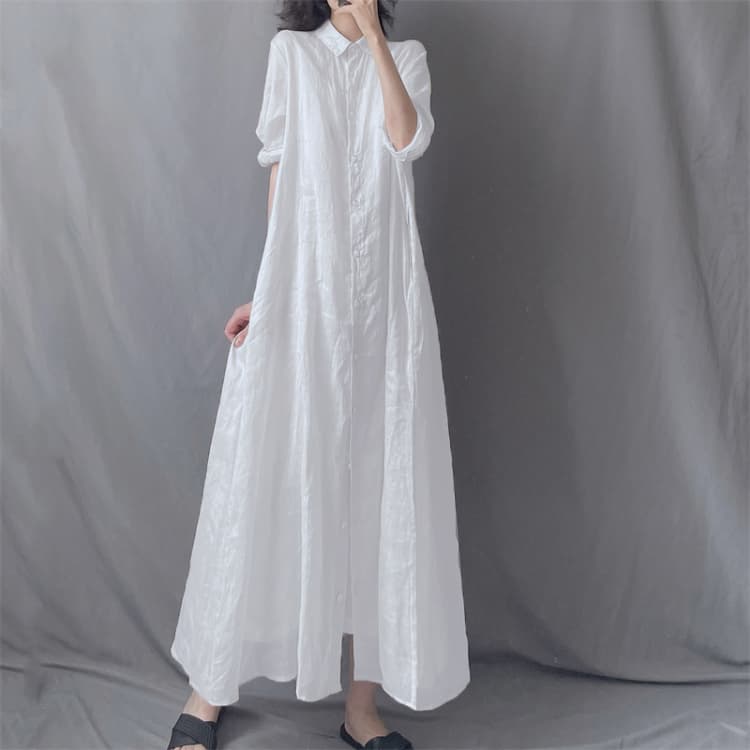 문예 루즈핏 라미 롱 코트 셔츠 드레스 폴로 칼라 루즈핏 우아한 투명한 드레스 가을 새로운 상세 이미지 6