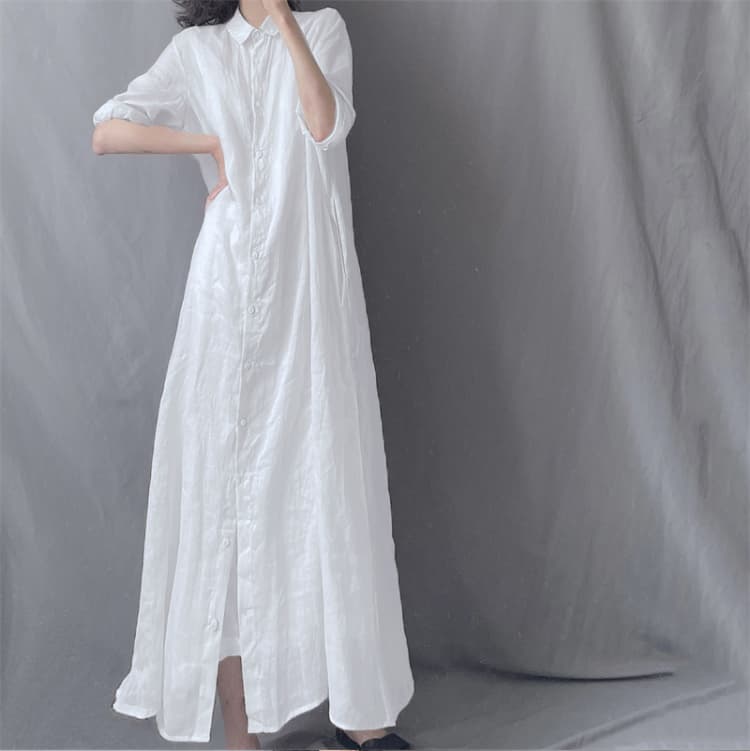 문예 루즈핏 라미 롱 코트 셔츠 드레스 폴로 칼라 루즈핏 우아한 투명한 드레스 가을 새로운 상세 이미지 10