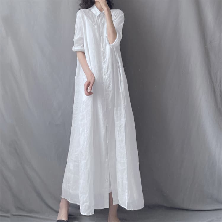 문예 루즈핏 라미 롱 코트 셔츠 드레스 폴로 칼라 루즈핏 우아한 투명한 드레스 가을 새로운 상세 이미지 11