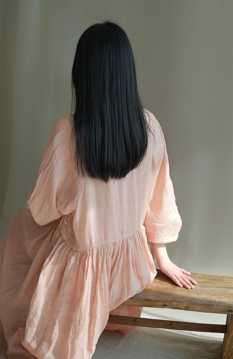 여행 휴가 우아한 롱 스커트 여름 새로운 V넥 단색 하이웨이스트 루즈핏 품질 라미 드레스 상세 이미지 4