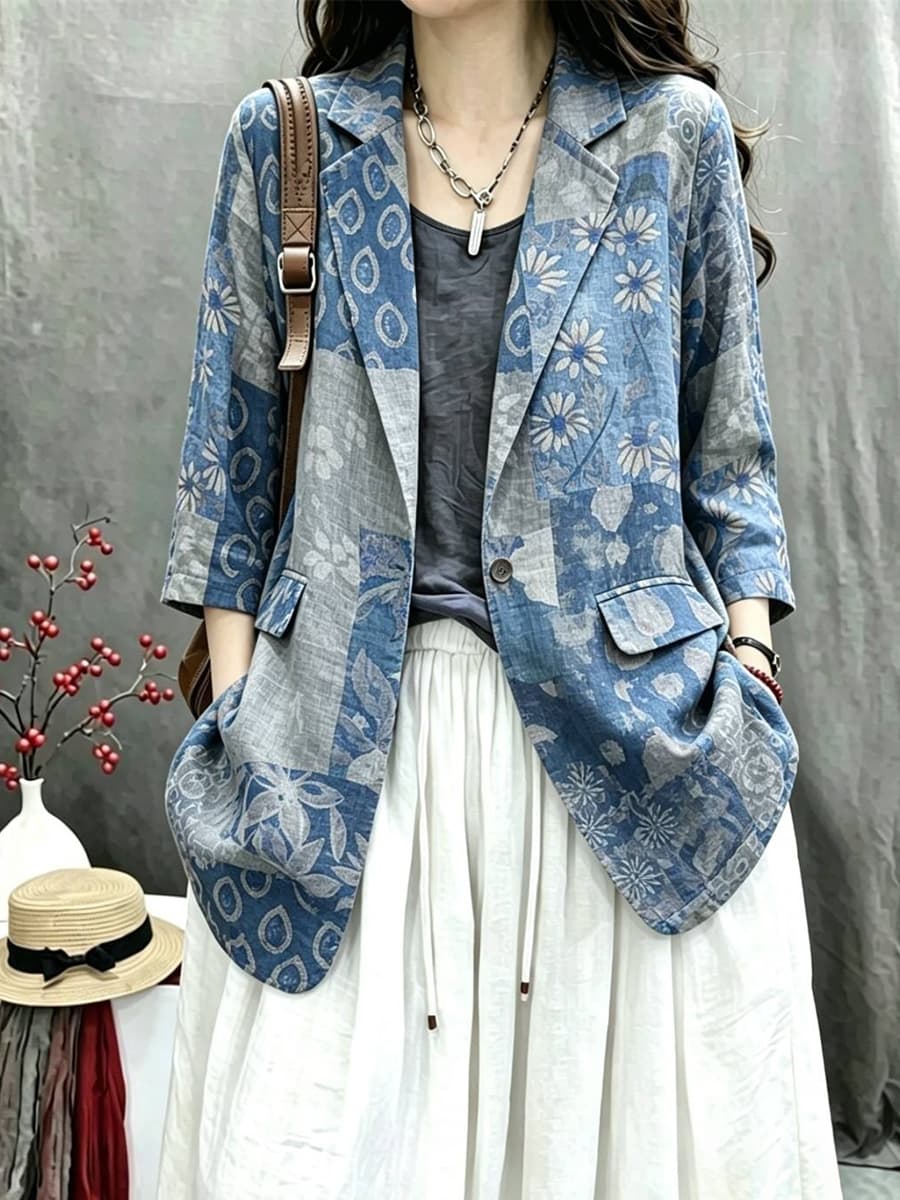 면 린넨 여성 의류 2026 여름 새로운 라미 프린트 레트로 루즈핏 개성 외국 가스 캐주얼 다용도 긴팔 정장 이미지 2