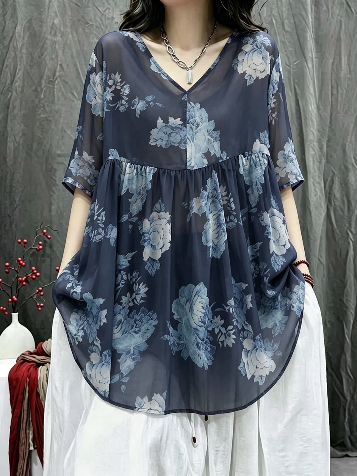 2026 새로운 빅 사이즈 V넥 인형 셔츠 지방 mm 반팔 티셔츠 맨위 상세 이미지 2