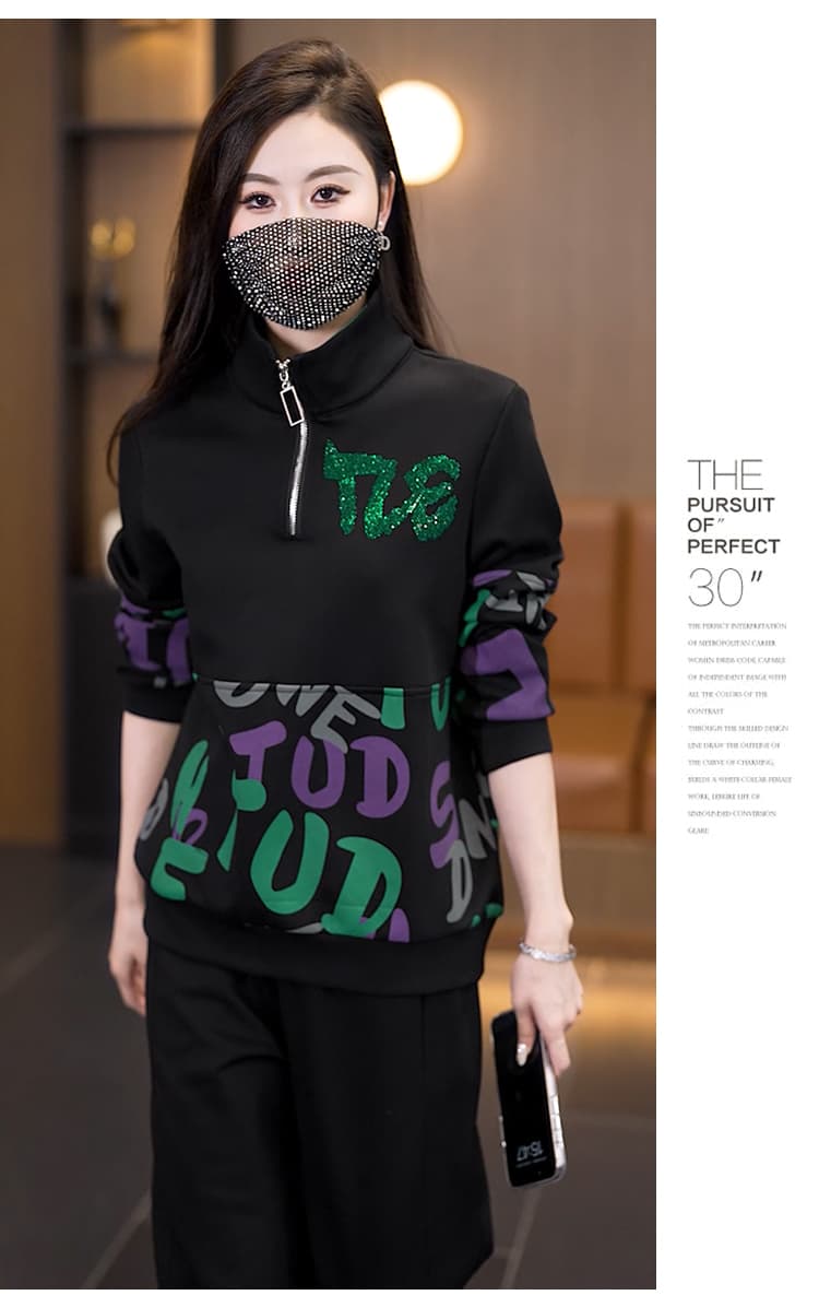 실사 2026 빅 사이즈 여성 의류 봄 새로운 운동 캐주얼 V넥 패션 루즈핏 슬림해 보이는 프린트 투피스 세트 상세 이미지 18