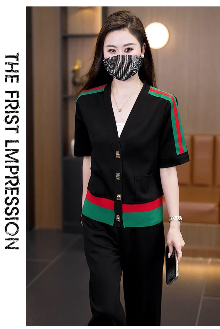 실사 빅 사이즈 세트 여성 2026 년 여름 새로운 캐주얼 품격 패치워크 슬림해 보이는 연령 감소 긴 바지 두 조각 여성 세트 상세 이미지 19
