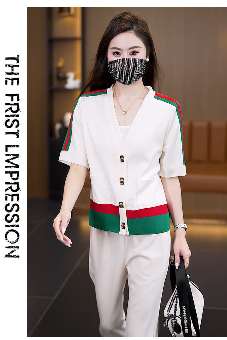 실사 빅 사이즈 세트 여성 2026 년 여름 새로운 캐주얼 품격 패치워크 슬림해 보이는 연령 감소 긴 바지 두 조각 여성 세트 상세 이미지 31