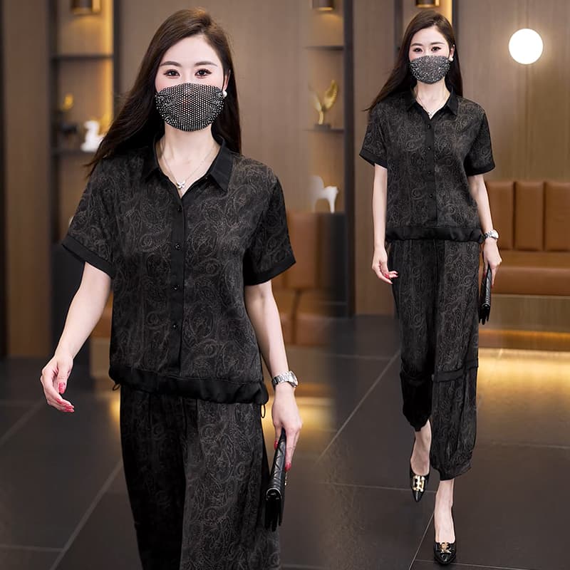 실사 빅 사이즈 세트 여성 2026 년 여름 새로운 캐주얼 품격 프린트 슬림해 보이는 연령 감소 두 조각 여성 세트 이미지 3
