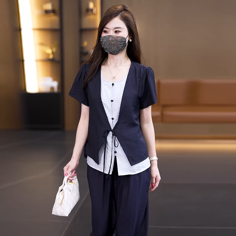 실사 빅 사이즈 세트 여성 2026 년 여름 새로운 캐주얼 품격 페이크 레이어드 맨위 슬림해 보이는 두 조각 여성 세트 이미지 3