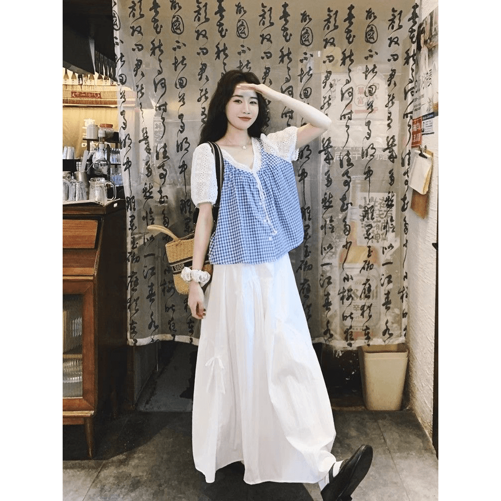 소금 부서 연령 감소 체크무늬 홀로우 아웃 V넥 거품 소매 셔츠 맨위 여성 여름 루즈핏 슬림해 보이는 반신 스커트 투피스 세트 이미지 5