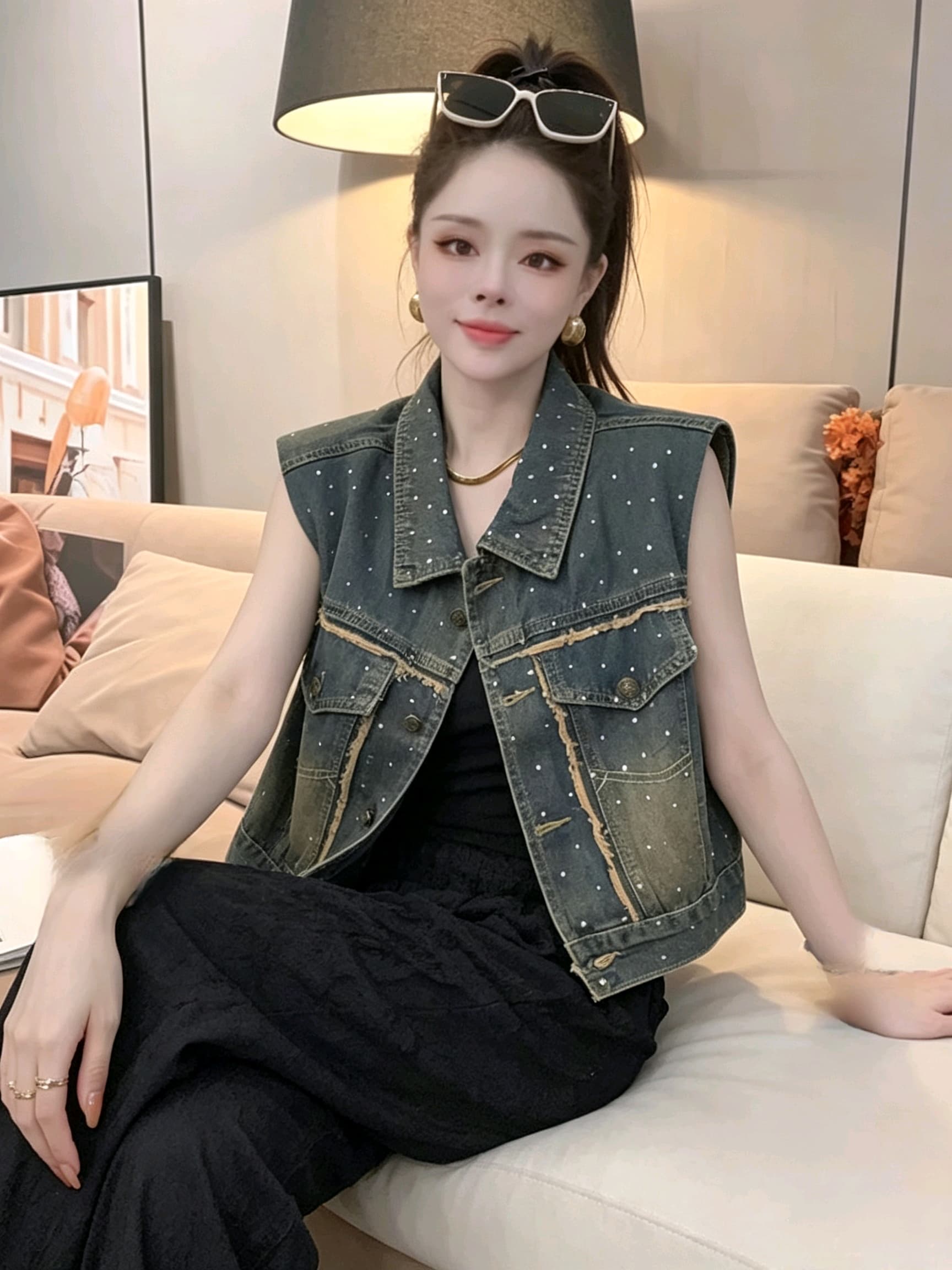 항구 바람 레트로 디자인 센스 핫픽스 거친 가장자리 폴로 칼라 데님 베스트 여성 셔츠 2026 여름 외출용 Chic 맨위 상세 이미지 5