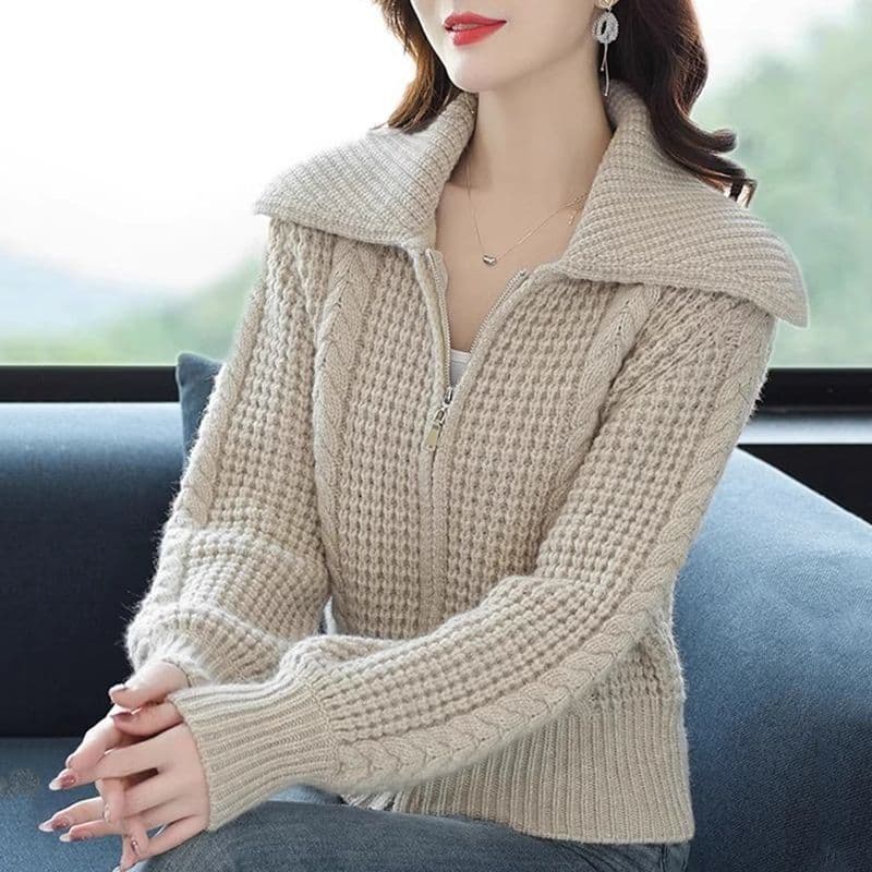 가을 겨울 새로운 하이웨이스트 지퍼 오픈 가디건 두꺼운 두꺼운 선 스웨터 코트 여성 짧은 작은 키 맨위