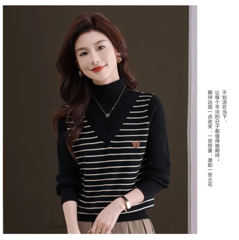 반하이넥 기본 셔츠 여성 가을 겨울철 인사이드 가져 가라. 수 있습니다. 외출용 스트라이프 외국 가스 맨위 페이크 레이어드 니트 20246 새로운 상세 이미지 13