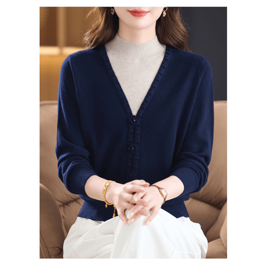 페이크 레이어드 카디건 여성 20256 가을 겨울 새로운 반하이넥 스웨터 외국 가스 엄마 패치워크 색상 니트 기본 셔츠 이미지 4
