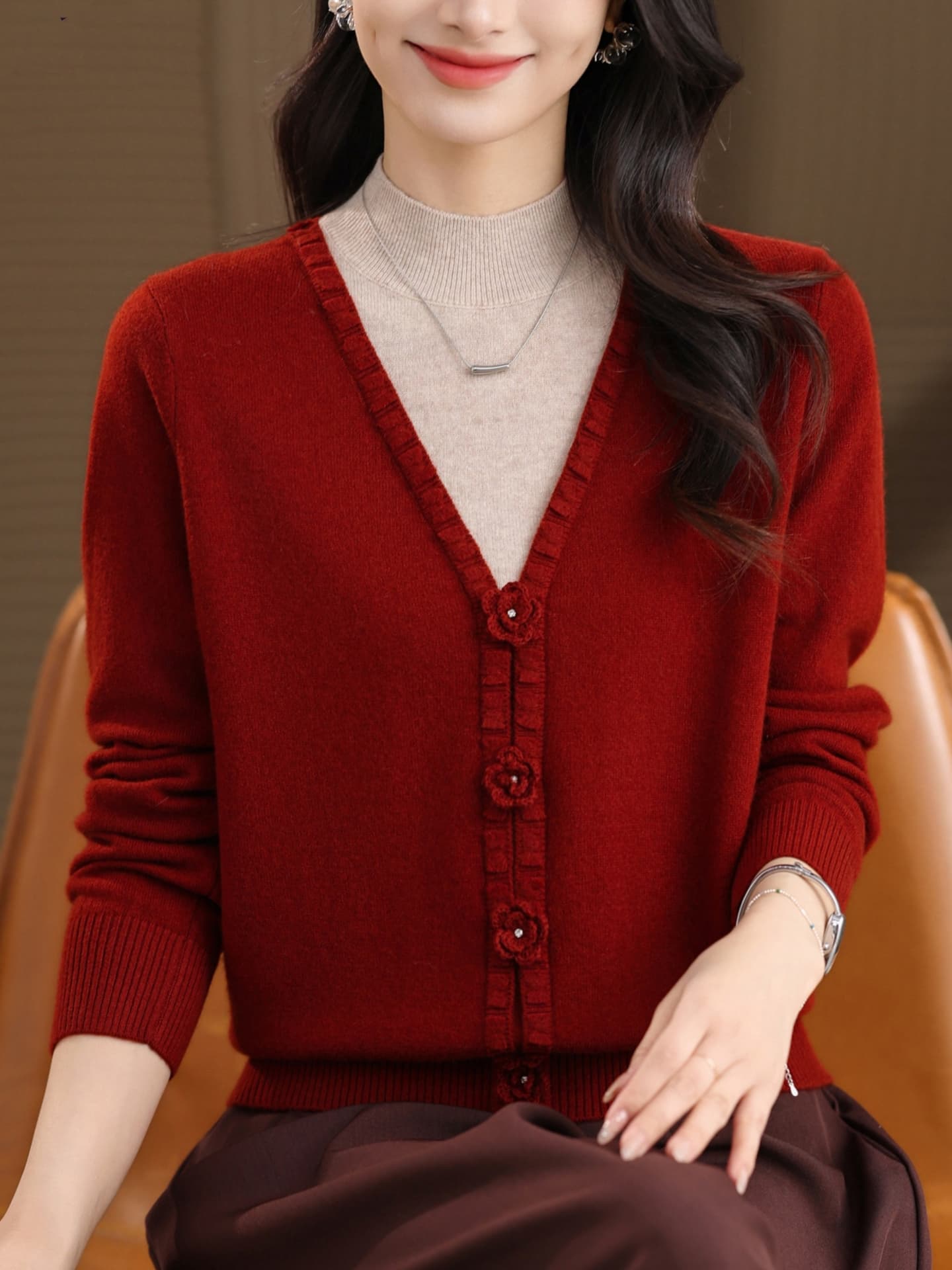 페이크 레이어드 카디건 여성 20256 가을 겨울 새로운 반하이넥 스웨터 외국 가스 엄마 패치워크 색상 니트 기본 셔츠 상세 이미지 1