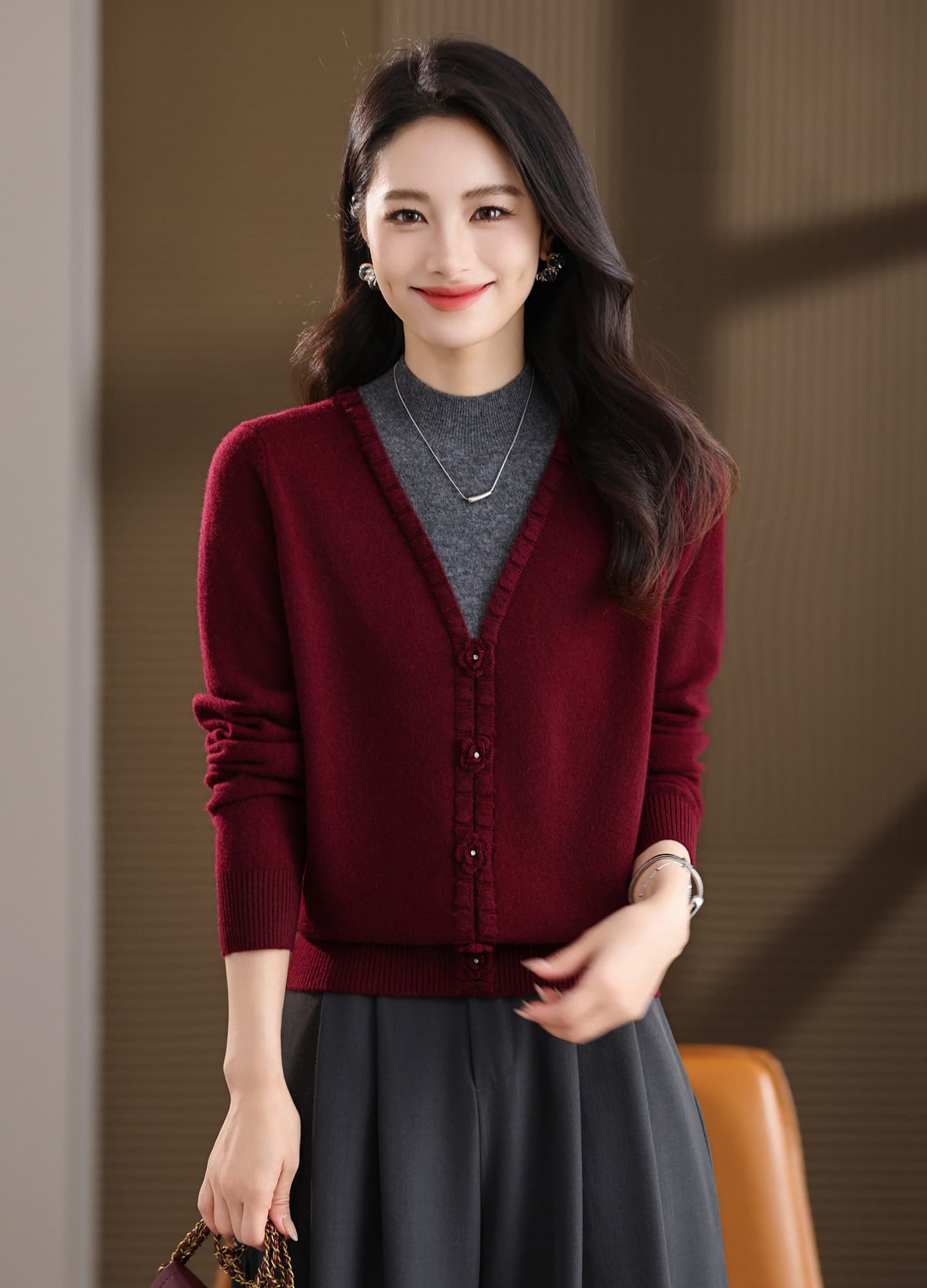 페이크 레이어드 카디건 여성 20256 가을 겨울 새로운 반하이넥 스웨터 외국 가스 엄마 패치워크 색상 니트 기본 셔츠 상세 이미지 12