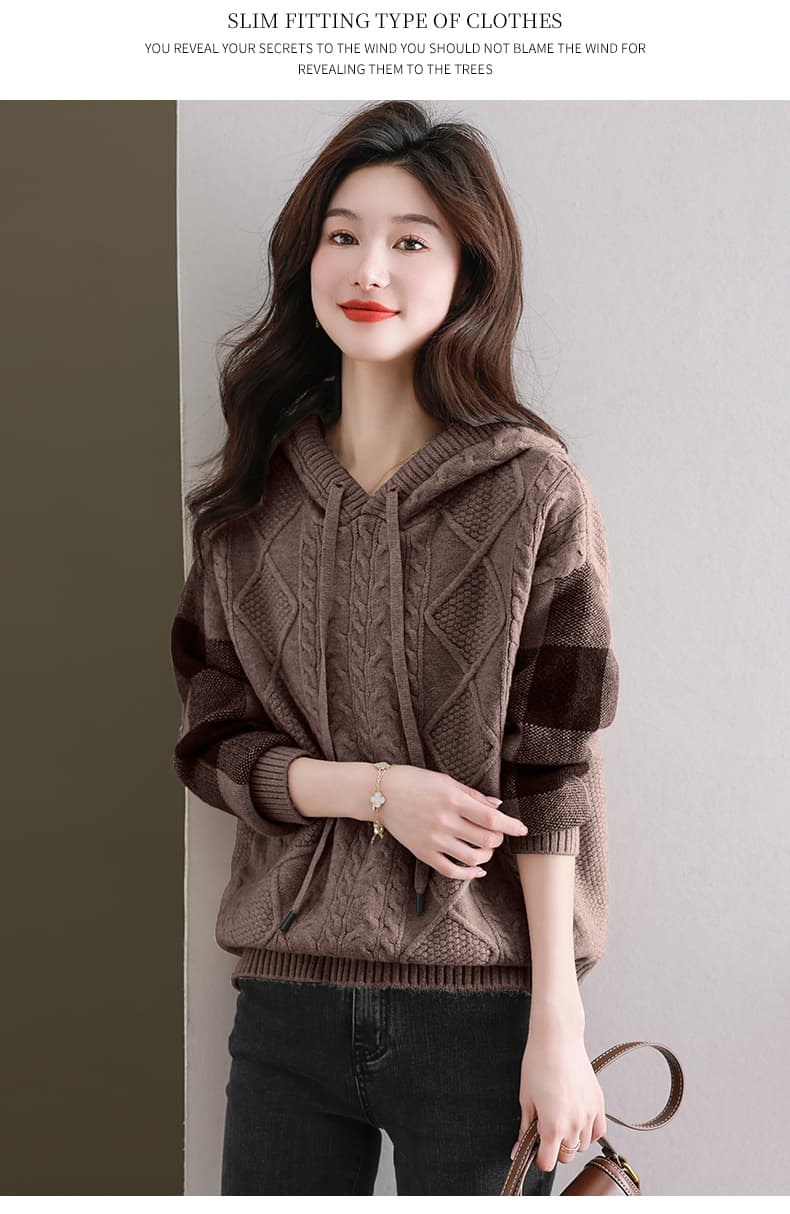 2026 새로운 봄 가을 겨울 후드 니트 스웨터 후드티 여성 고급 센스 품격 루즈핏 슬림해 보이는 외출용 모자 포함 털 상세 이미지 12
