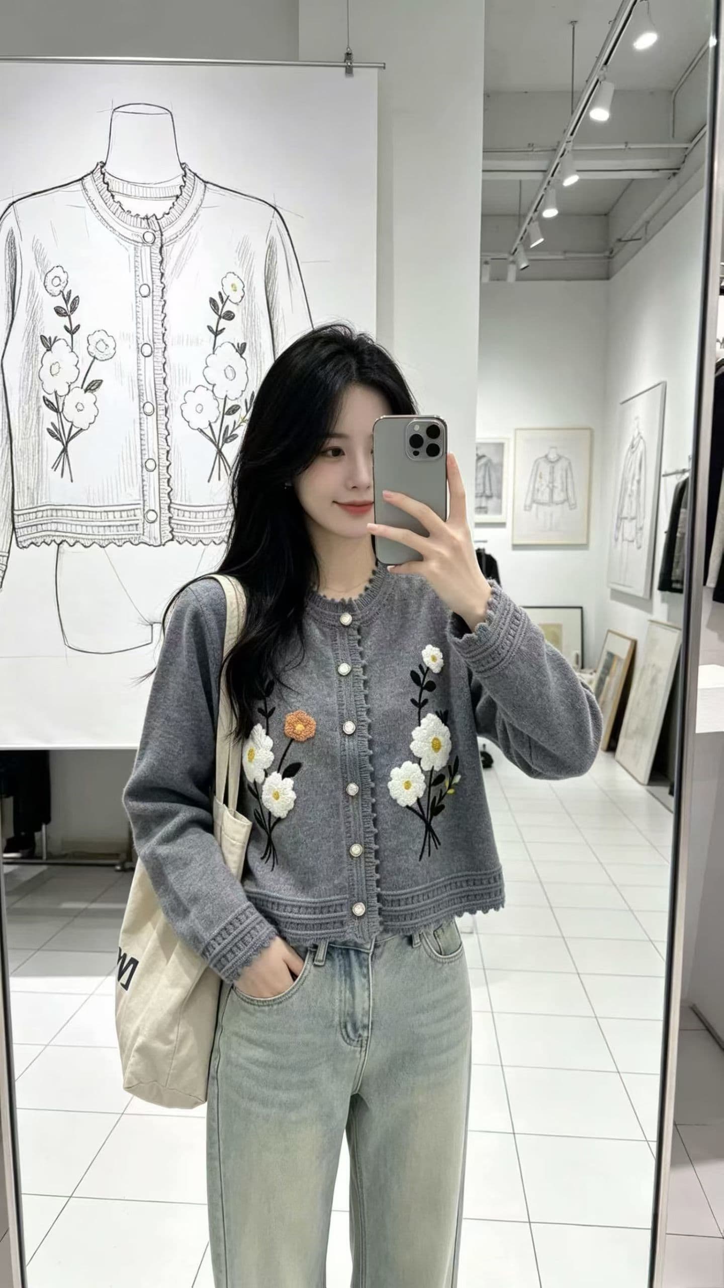 달콤함 3 차원 자수 작은 꽃 니트 오픈 가디건 느긋한 바람 라운드 넥 긴팔 부드러운 찹쌀 다용도 기타 색상 선택 사항 상세 이미지 1