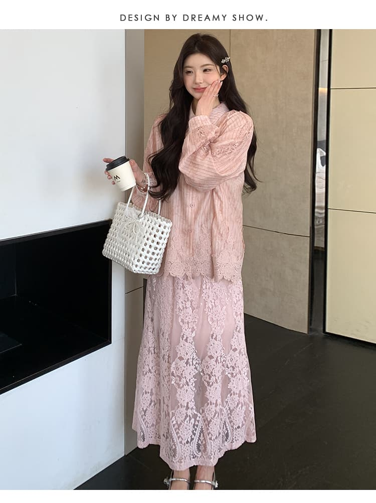 실사 지금 임산부 조기 봄 여름 섹션 무거운 작업 레이스 셔츠 레이스 반신 치마 세트 여성 상세 이미지 24