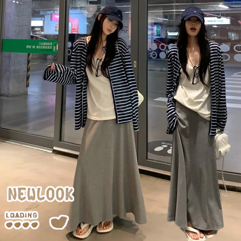 지금 이른 봄 새로운 임산부 느긋한 바람 스트라이프 오픈 가디건 조끼 반신 스커트 세 조각 여성 세트 이미지 2