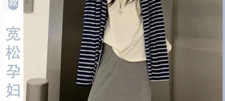지금 이른 봄 새로운 임산부 느긋한 바람 스트라이프 오픈 가디건 조끼 반신 스커트 세 조각 여성 세트 상세 이미지 2