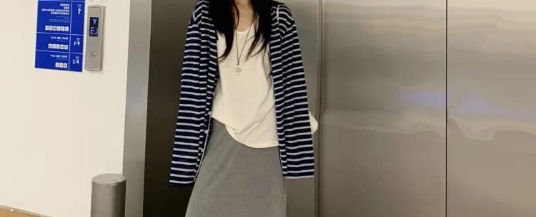 지금 이른 봄 새로운 임산부 느긋한 바람 스트라이프 오픈 가디건 조끼 반신 스커트 세 조각 여성 세트 상세 이미지 37